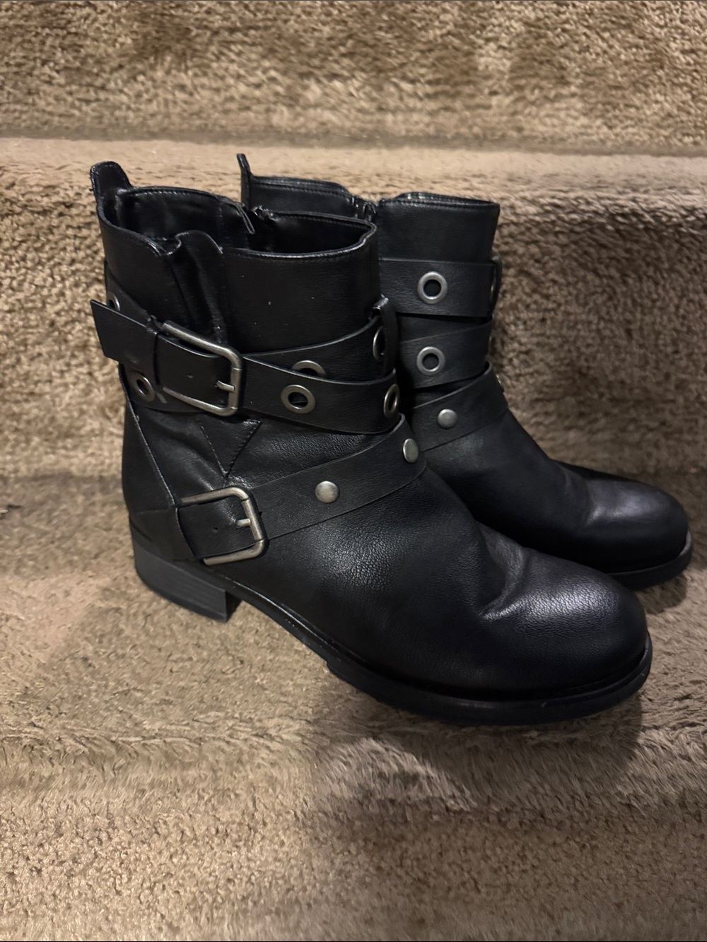 Black Women's Biker Ankle Boots with Buckle Straps